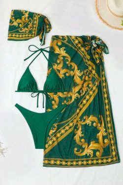 Coquette Aesthetic Retro Printed Mesh Three-Piece Bikini Set