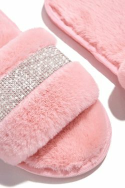 Coquette Aesthetic Rhinestone Fluff Slippers - Y2K Fashion Statement for Women