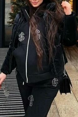 Coquette Aesthetic Rhinestone Print Zip Up Oversized Hoodie