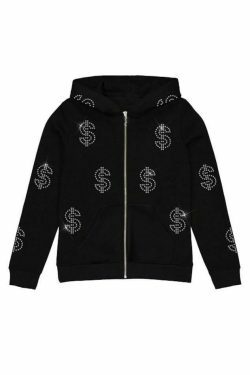 Coquette Aesthetic Rhinestone Print Zip Up Oversized Hoodie