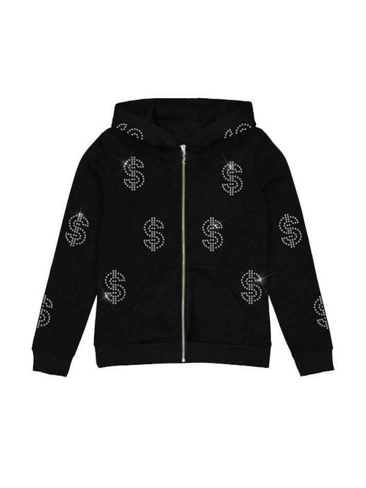 Coquette Aesthetic Rhinestone Print Zip Up Oversized Hoodie Coquette Aesthetic Rhinestone Print Zip Up Oversized Hoodie