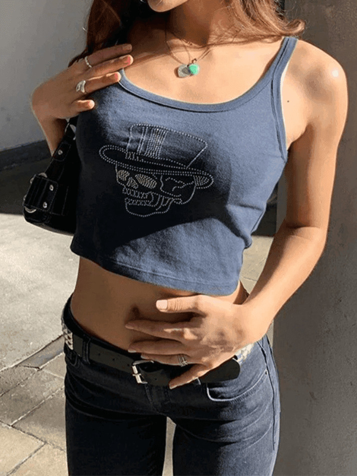 Coquette Aesthetic Rhinestone Skull Cropped Cami Top Coquette Aesthetic Rhinestone Skull Cropped Cami Top