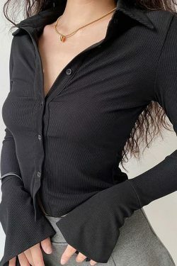 Coquette Aesthetic Ribbed-Knit Crop Top with Bell Sleeves