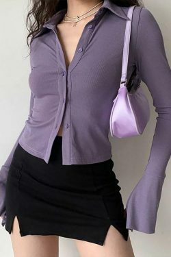 Coquette Aesthetic Ribbed-Knit Crop Top with Bell Sleeves