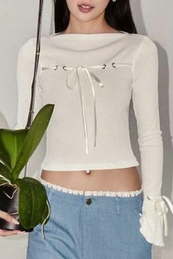 Coquette Aesthetic Ribbed Bow Lace-Up Flare Long Sleeve Knit