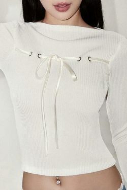 Coquette Aesthetic Ribbed Bow Lace-Up Flare Long Sleeve Knit