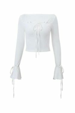 Coquette Aesthetic Ribbed Bow Lace-Up Flare Long Sleeve Knit