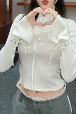 Coquette Aesthetic Ribbed Bow Lace-Up Flare Long Sleeve Knit