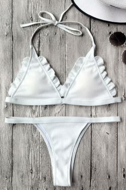 Coquette Aesthetic Ribbed Frilled Thong Bikini Set