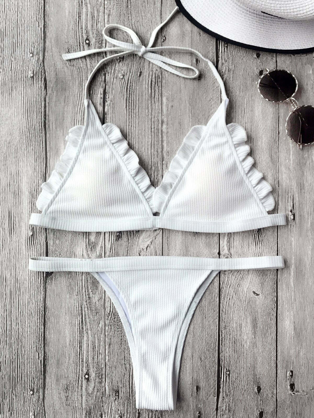 Coquette Aesthetic Ribbed Frilled Thong Bikini Set Coquette Aesthetic Ribbed Frilled Thong Bikini Set