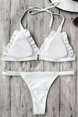 Coquette Aesthetic Ribbed Frilled Thong Bikini Set