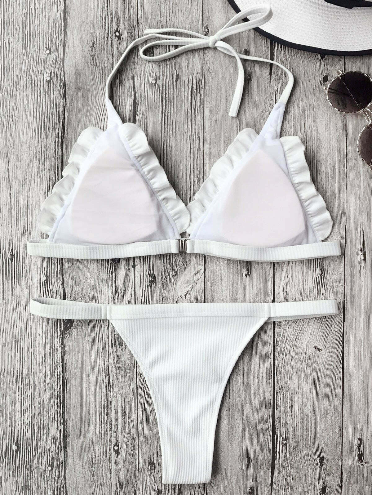 Coquette Aesthetic Ribbed Frilled Thong Bikini Set Coquette Aesthetic Ribbed Frilled Thong Bikini Set