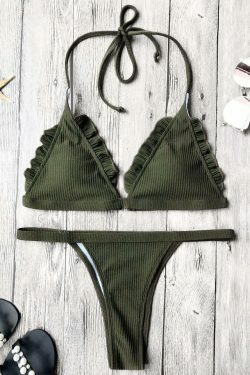 Coquette Aesthetic Ribbed Frilled Thong Bikini Set