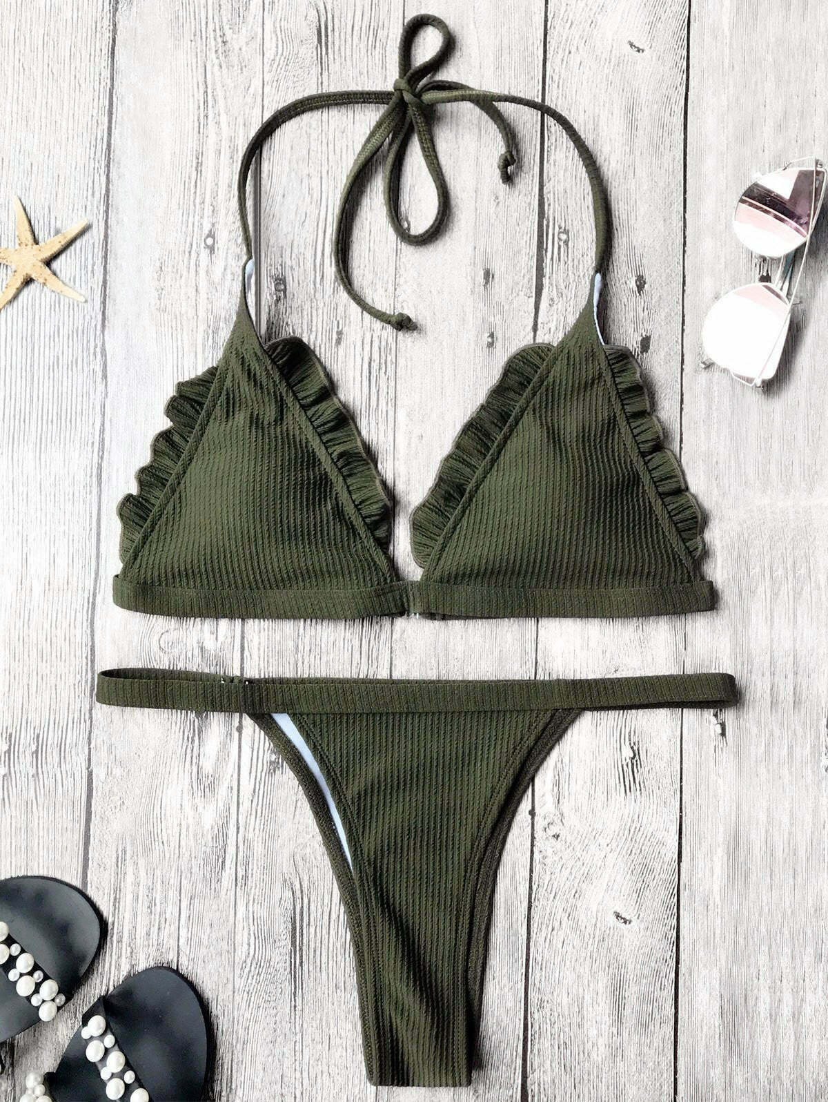 Coquette Aesthetic Ribbed Frilled Thong Bikini Set Coquette Aesthetic Ribbed Frilled Thong Bikini Set