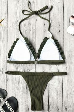 Coquette Aesthetic Ribbed Frilled Thong Bikini Set