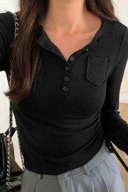 Coquette Aesthetic Ribbed Knit Slim Long Sleeve Top