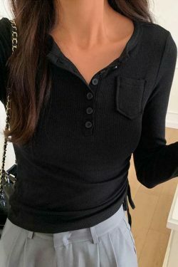 Coquette Aesthetic Ribbed Knit Slim Long Sleeve Top