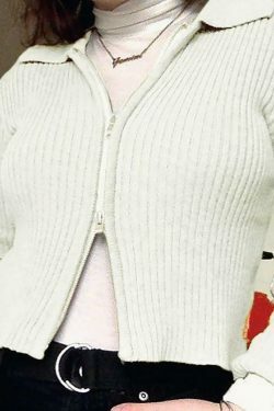 Coquette Aesthetic Ribbed Knit Zip-Up Cardigan for Y2K Fashion Enthusiasts