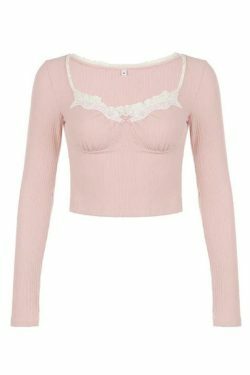 Coquette Aesthetic Ribbed Lace Trim Splice Slim Long Sleeve Knit Sweater