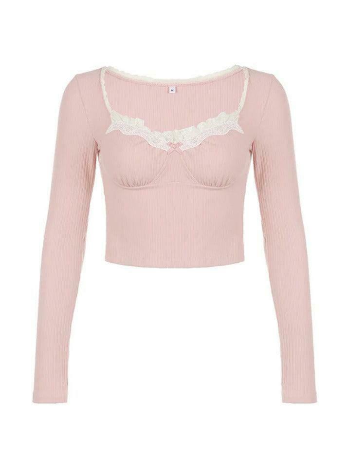 Coquette Aesthetic Ribbed Lace Trim Splice Slim Long Sleeve Knit Sweater