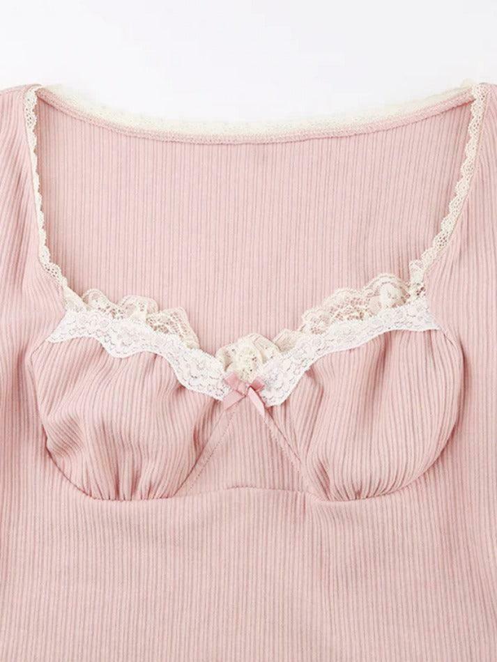 Coquette Aesthetic Ribbed Lace Trim Splice Slim Long Sleeve Knit Sweater