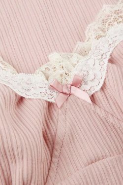 Coquette Aesthetic Ribbed Lace Trim Splice Slim Long Sleeve Knit Sweater