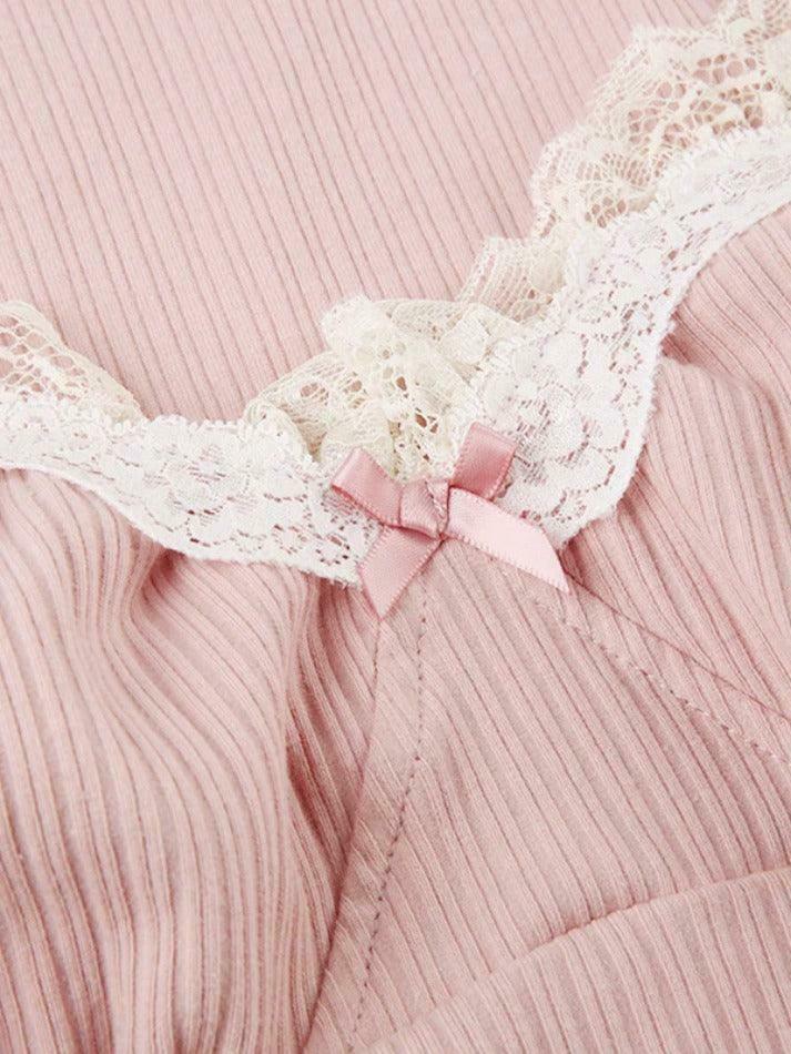 Coquette Aesthetic Ribbed Lace Trim Splice Slim Long Sleeve Knit Sweater