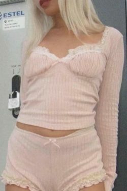 Coquette Aesthetic Ribbed Lace Trim Splice Slim Long Sleeve Knit Sweater