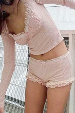 Coquette Aesthetic Ribbed Lace Trim Splice Slim Long Sleeve Knit Sweater