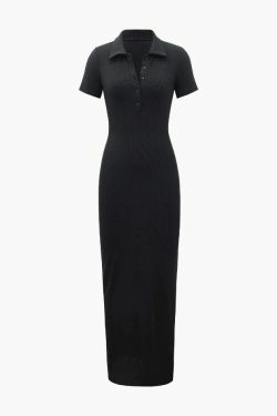 Coquette Aesthetic Ribbed Maxi Dress with Short Sleeves & Button Down Slit