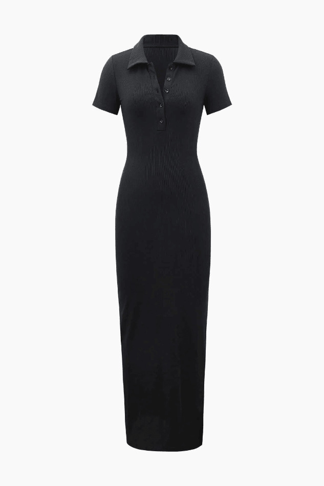 Coquette Aesthetic Ribbed Maxi Dress with Short Sleeves & Button Down Slit