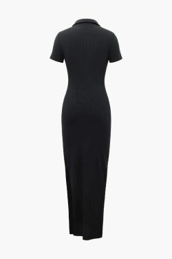 Coquette Aesthetic Ribbed Maxi Dress with Short Sleeves & Button Down Slit