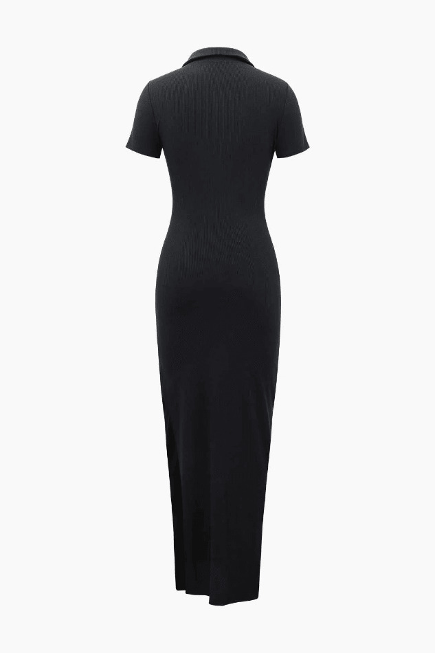 Coquette Aesthetic Ribbed Maxi Dress with Short Sleeves & Button Down Slit