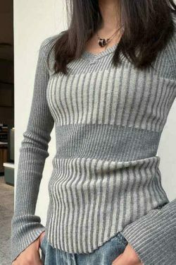 Coquette Aesthetic Ribbed Patchwork V-Neck Slim Long Sleeve Knit Sweater