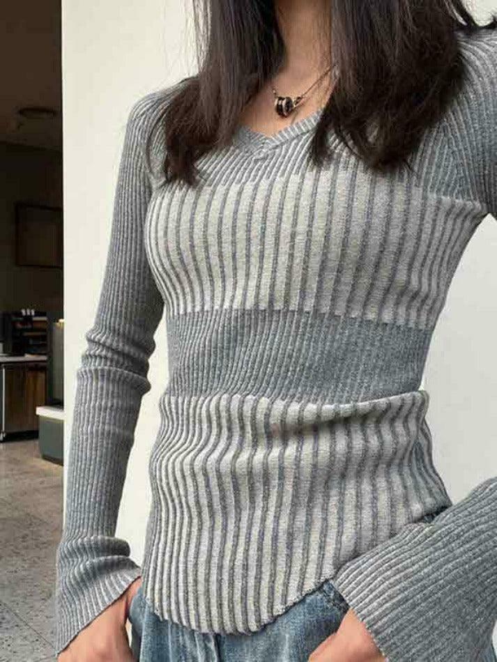 Coquette Aesthetic Ribbed Patchwork V-Neck Slim Long Sleeve Knit Sweater Coquette Aesthetic Ribbed Patchwork V-Neck Slim Long Sleeve Knit Sweater