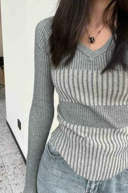 Coquette Aesthetic Ribbed Patchwork V-Neck Slim Long Sleeve Knit Sweater