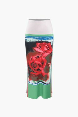 Coquette Aesthetic Rose Print Asymmetric T-Shirt and Midi Skirt Set