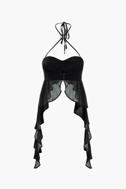 Coquette Aesthetic Ruched Ruffle Halter Top - Y2K Fashion Statement Piece