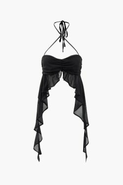 Coquette Aesthetic Ruched Ruffle Halter Top - Y2K Fashion Statement Piece