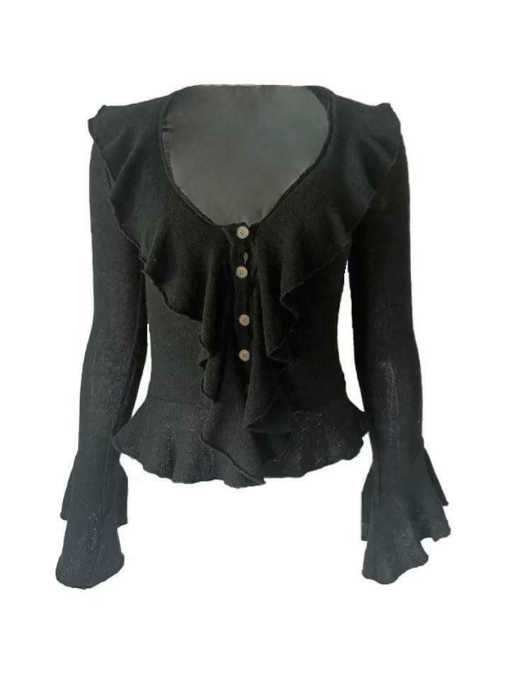 Coquette Aesthetic Ruffle Knit Sweater - Y2K Fashion Grunge Style Cute Tops & Cargo Skirt