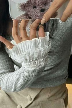 Coquette Aesthetic Ruffle Panel Slim Fit Pullover Sweater