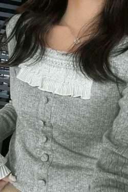 Coquette Aesthetic Ruffle Panel Slim Fit Pullover Sweater