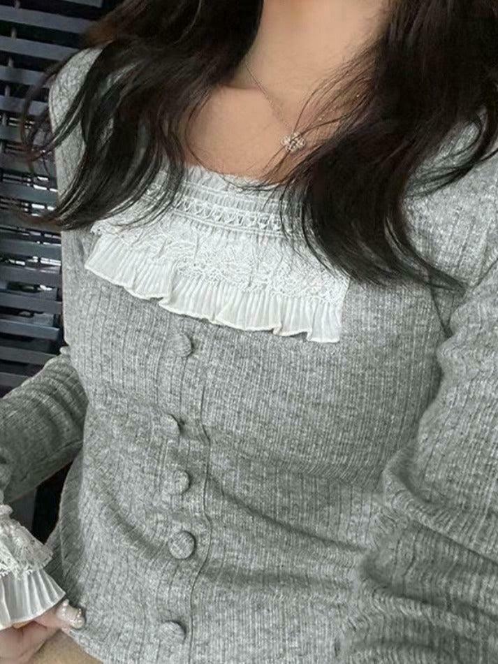 Coquette Aesthetic Ruffle Panel Slim Fit Pullover Sweater Coquette Aesthetic Ruffle Panel Slim Fit Pullover Sweater