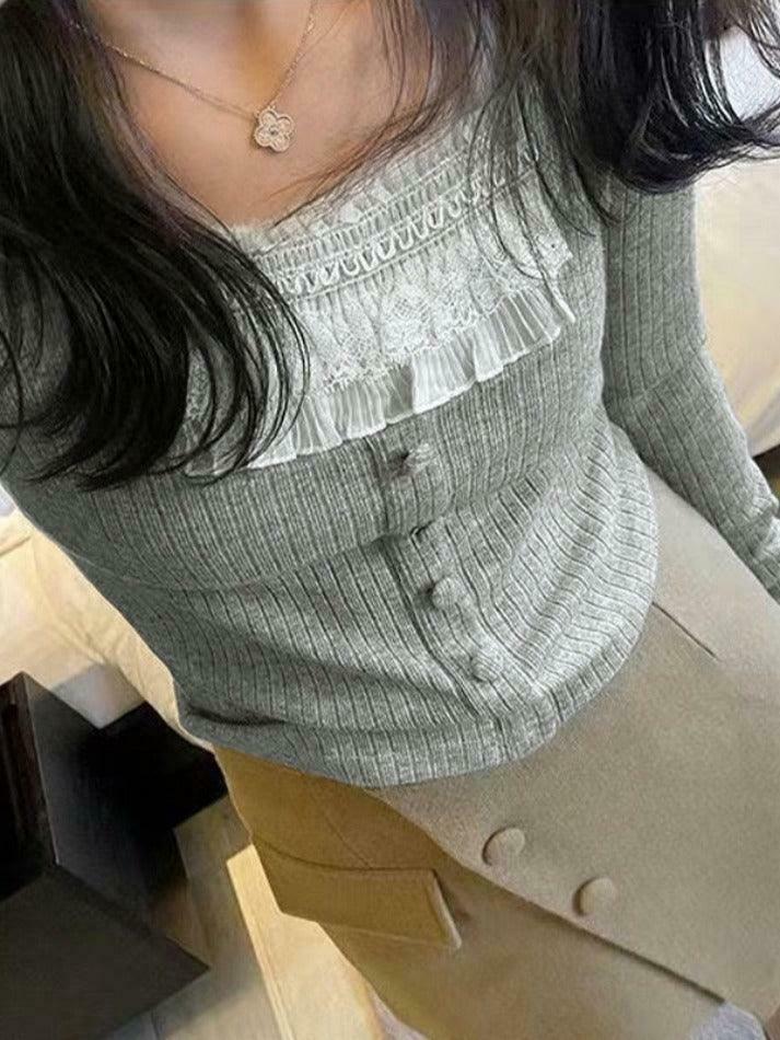 Coquette Aesthetic Ruffle Panel Slim Fit Pullover Sweater Coquette Aesthetic Ruffle Panel Slim Fit Pullover Sweater