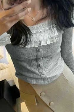 Coquette Aesthetic Ruffle Panel Slim Fit Pullover Sweater