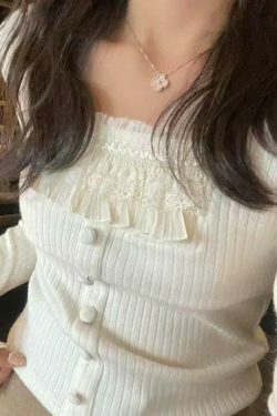 Coquette Aesthetic Ruffle Panel Slim Fit Pullover Sweater