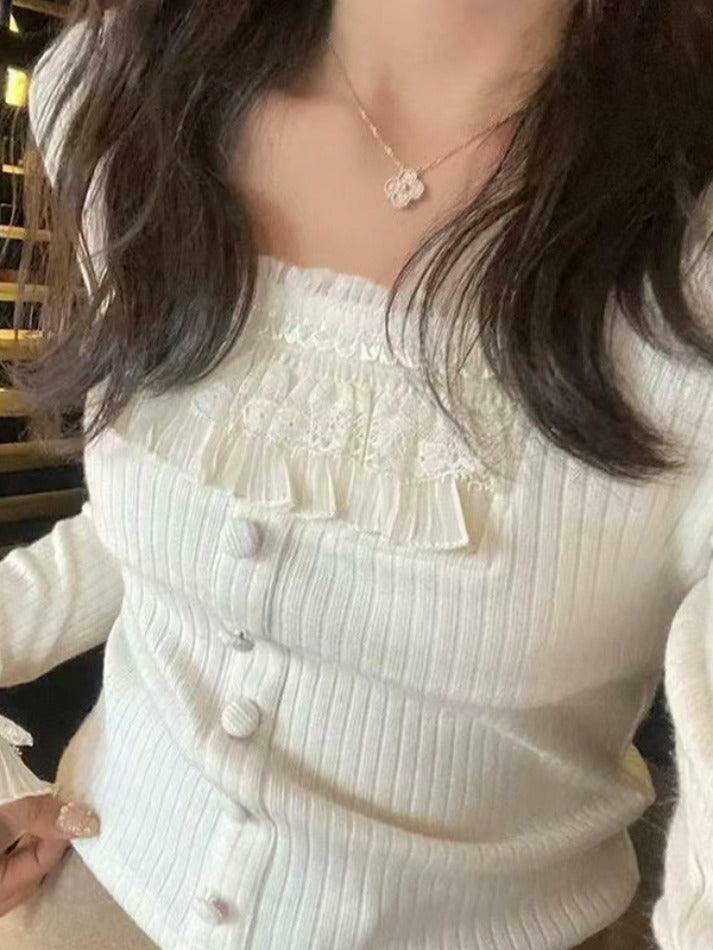 Coquette Aesthetic Ruffle Panel Slim Fit Pullover Sweater Coquette Aesthetic Ruffle Panel Slim Fit Pullover Sweater