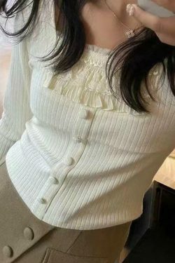 Coquette Aesthetic Ruffle Panel Slim Fit Pullover Sweater