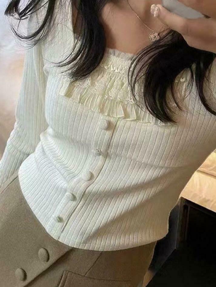 Coquette Aesthetic Ruffle Panel Slim Fit Pullover Sweater Coquette Aesthetic Ruffle Panel Slim Fit Pullover Sweater