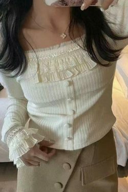 Coquette Aesthetic Ruffle Panel Slim Fit Pullover Sweater